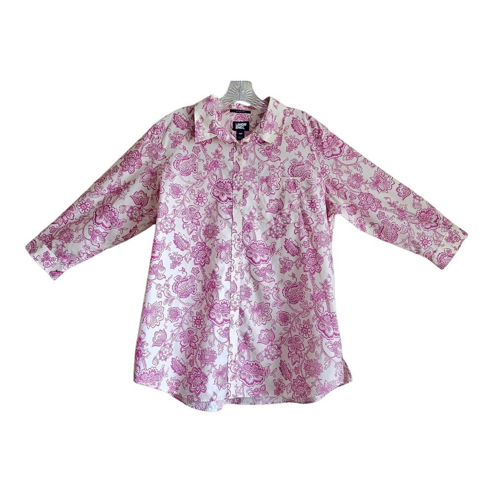LANDS END Petite 16 16P Blouse Supima Cotton No Iron Paisley Cream Pink 46" Bust